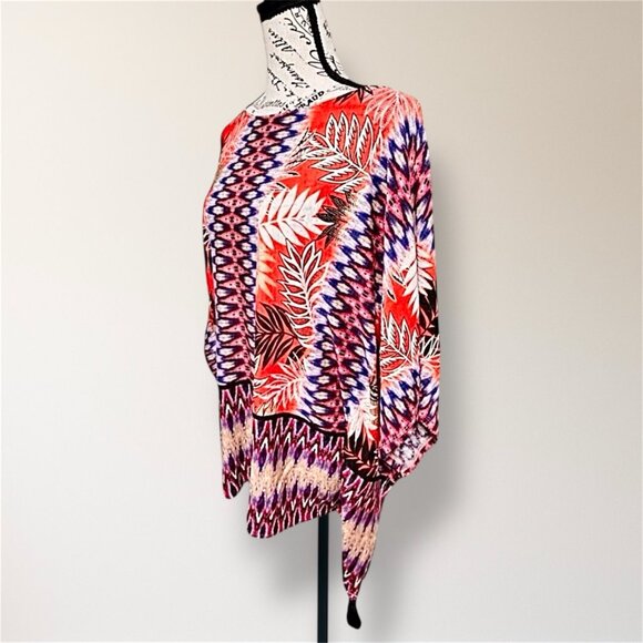 Ruby Rd M Linen Poncho Blouse Purple Orange Floral Tassel Boho Hippie Resort Top - Picture 8 of 10